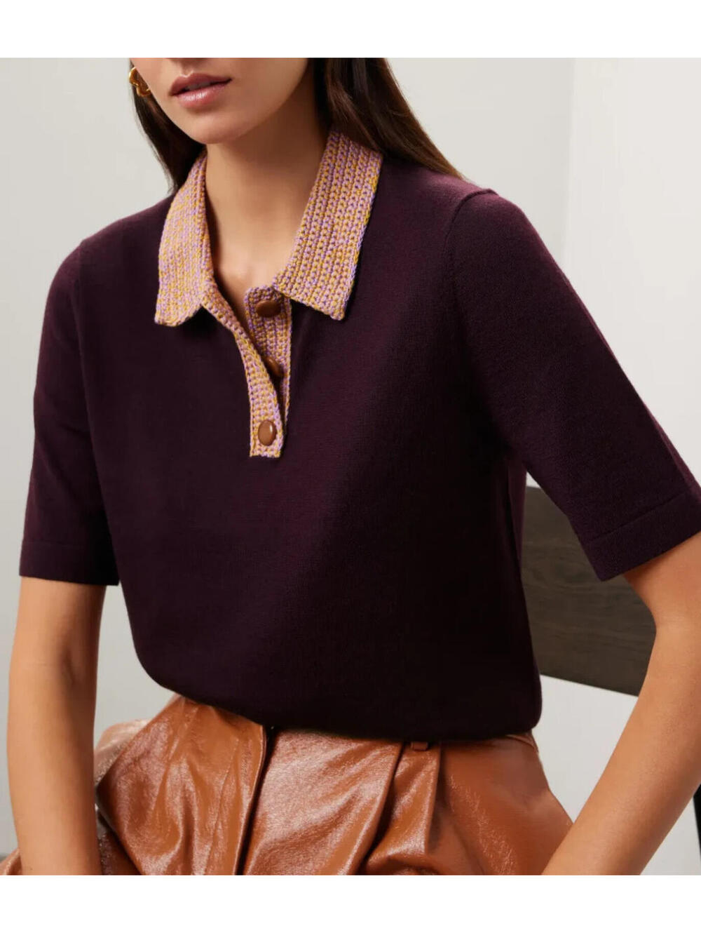 Tory Burch Wool Crochet Knit Monogram Logo Sweater Polo - SM **FLAWED**